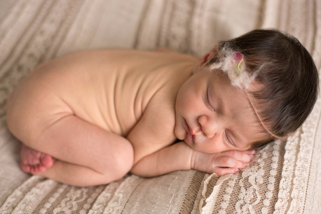 Sleeping newborn Evalynn with flower headband by Pueblo newborn photographer. 